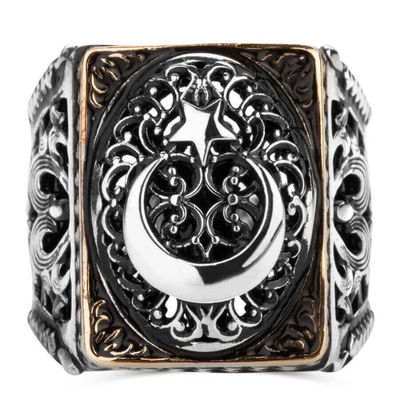 Silver Turkish Flag Mens Ring with Crescent Star - 2