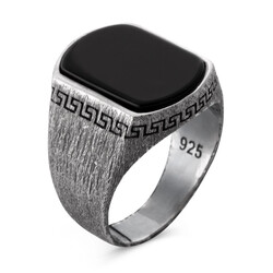 Simple Model Black Onyx Stone Tumbled Silver Mens Ring - 1