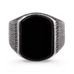 Simple Model Black Onyx Stone Tumbled Silver Mens Ring - 2
