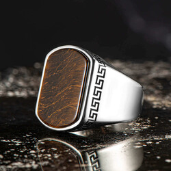 Simple Model Brown Tiger Eye Stone Sterling Silver Men's Ring 