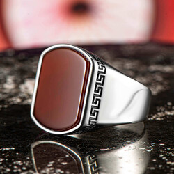 Simple Model Claret Red Agate Stone Silver Men's Ring 
