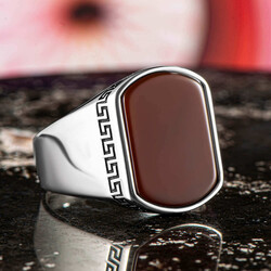 Simple Model Claret Red Agate Stone Silver Men's Ring - 2