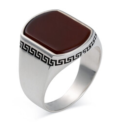 Simple Model Claret Red Agate Stone Silver Men's Ring - 3