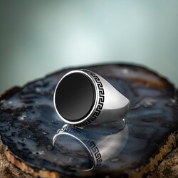 Simple Model Round Black Onyx Stone Sterling Silver Mens Ring - 2