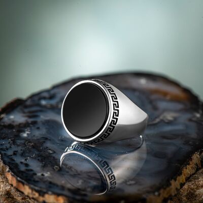 Simple Model Round Black Onyx Stone Sterling Silver Mens Ring - 2