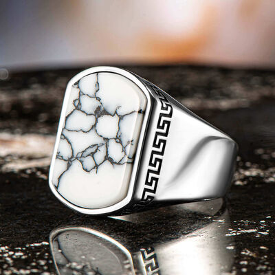 Simple Model White Turquoise Stone Sterling Silver Men's Ring - 1
