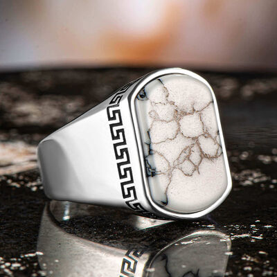 Simple Model White Turquoise Stone Sterling Silver Men's Ring - 2