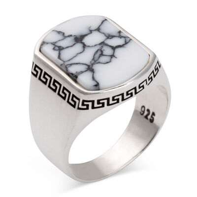 Simple Model White Turquoise Stone Sterling Silver Men's Ring - 3