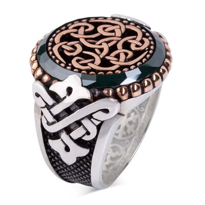 Special Design 925 Sterling Silver Men's Ring Surrounded by Green Stone - 1