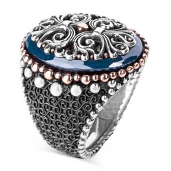 Special Design Pattern Silver Men's Ring Surrounded by Blue Stone - 1