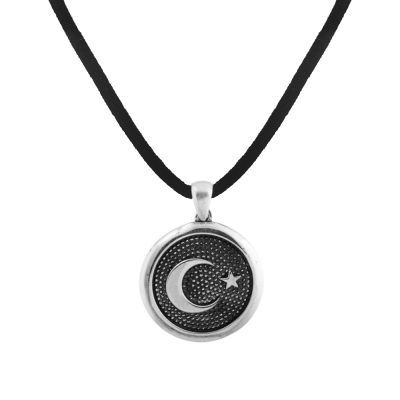 Spherical Cut Silver Mens Necklace with Crescent Star - 1