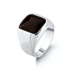 Square Design Black Onyx Simple Sterling Silver Men's Ring - 9