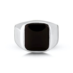 Square Design Black Onyx Simple Sterling Silver Men's Ring - 3