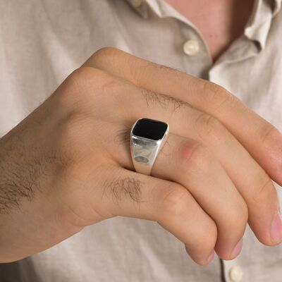 Square Design Black Onyx Simple Sterling Silver Men's Ring - 7