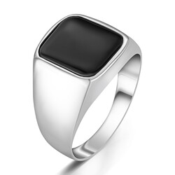 Square Design Black Onyx Simple Sterling Silver Men's Ring - 2