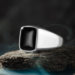 Square Design Black Onyx Simple Sterling Silver Men's Ring - 1