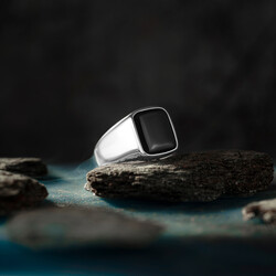 Square Design Black Onyx Simple Sterling Silver Men's Ring - 8