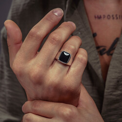 Square Design Black Onyx Simple Sterling Silver Men's Ring - 5