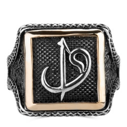 Square Design Silver Arabic Letters E & V Mens Ring - 2