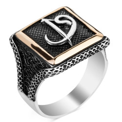 Square Design Silver Arabic Letters E & V Mens Ring - 1