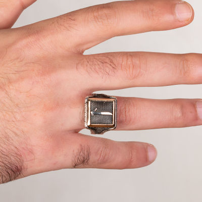 Square Design Silver Mens Ring with Arabic Letter E - 3