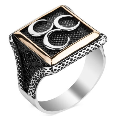 Square Design Silver Triple Crescent Moons Mens Ring - 1