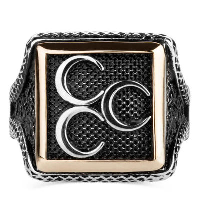 Square Design Silver Triple Crescent Moons Mens Ring - 2