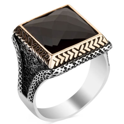 Square Design Sterling Silver Mens Ring with Black Zircon Stone - 1