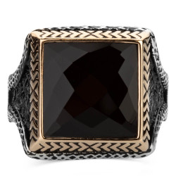 Square Design Sterling Silver Mens Ring with Black Zircon Stone - 2