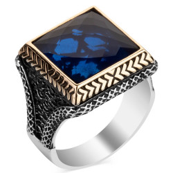 Square Design Sterling Silver Mens Ring with Blue Zircon Stonework - 1