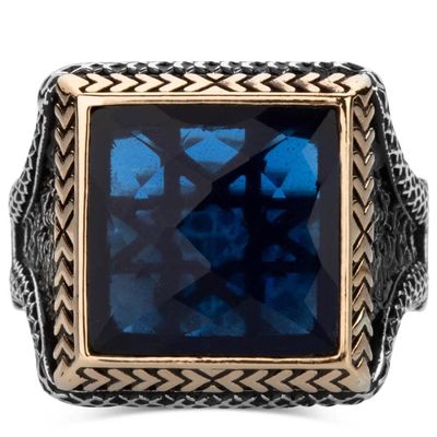 Square Design Sterling Silver Mens Ring with Blue Zircon Stonework - 2