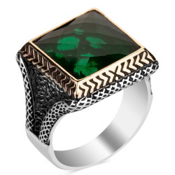 Square Design Sterling Silver Mens Ring with Green Zircon Stone - 1
