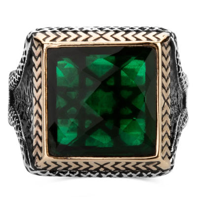 Square Design Sterling Silver Mens Ring with Green Zircon Stone - 2