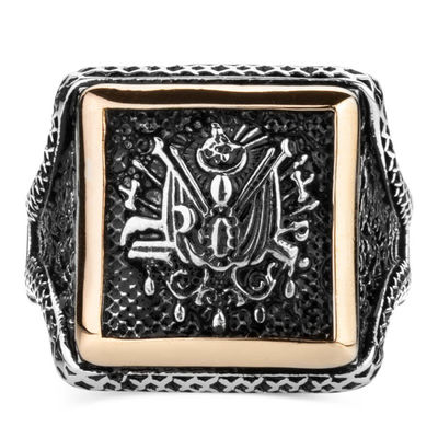 Square Design Sterling Silver Mens Ring with Ottoman Crest - 2