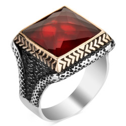 Square Design Sterling Silver Mens Ring with Red Zircon Stonework - 1
