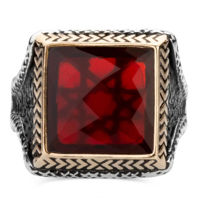 Square Design Sterling Silver Mens Ring with Red Zircon Stonework - 2