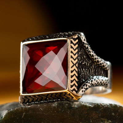 Square Design Sterling Silver Mens Ring with Red Zircon Stonework - 4