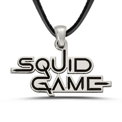 Squid Game Kolyesi 925 Ayar Gümüş Erkek Siyah Deri İpli - Thumbnail