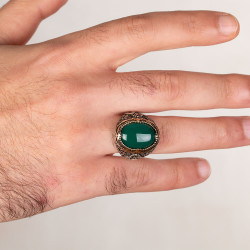 Sterling Silver Arabic Letter E Mens Ring with Green Agate Stonework - 3