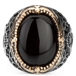 Sterling Silver Arabic Letter V Mens Ring with Black Onyx Stone - 2