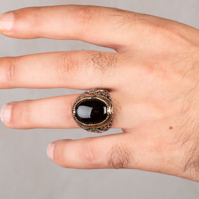 Sterling Silver Arabic Letter V Mens Ring with Black Onyx Stone - 3