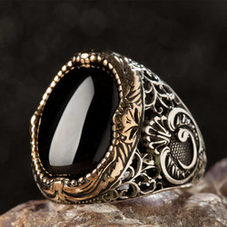 Sterling Silver Arabic Letter V Mens Ring with Black Onyx Stone - 4
