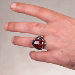 Sterling Silver Ataturk Signature Mens Ring with Red Zircon Stonework - 4