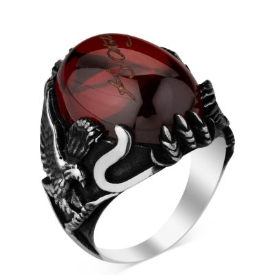 Sterling Silver Ataturk Signature Mens Ring with Red Zircon Stonework - 1