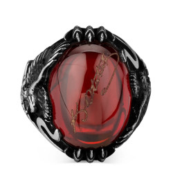 Sterling Silver Ataturk Signature Mens Ring with Red Zircon Stonework - 2