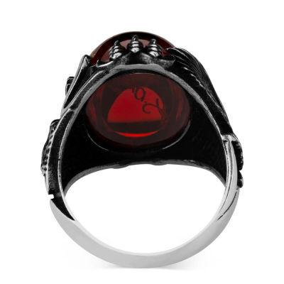 Sterling Silver Ataturk Signature Mens Ring with Red Zircon Stonework - 3