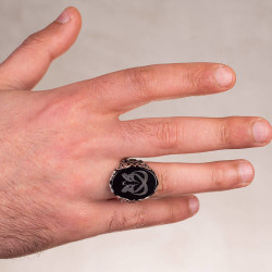 Sterling Silver Hoopoe on Onyx Stone and Ottoman Crest Ring - 5