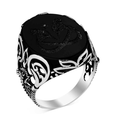 Sterling Silver Hoopoe on Onyx Stone and Ottoman Crest Ring - 2