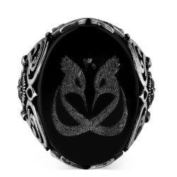 Sterling Silver Hoopoe on Onyx Stone and Ottoman Crest Ring - 3