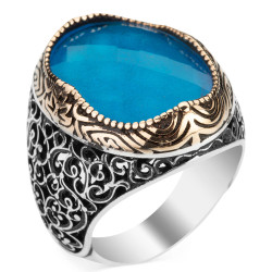 Sterling Silver Inlaid Mens Ring with Light Blue Zircon Stonework - 1